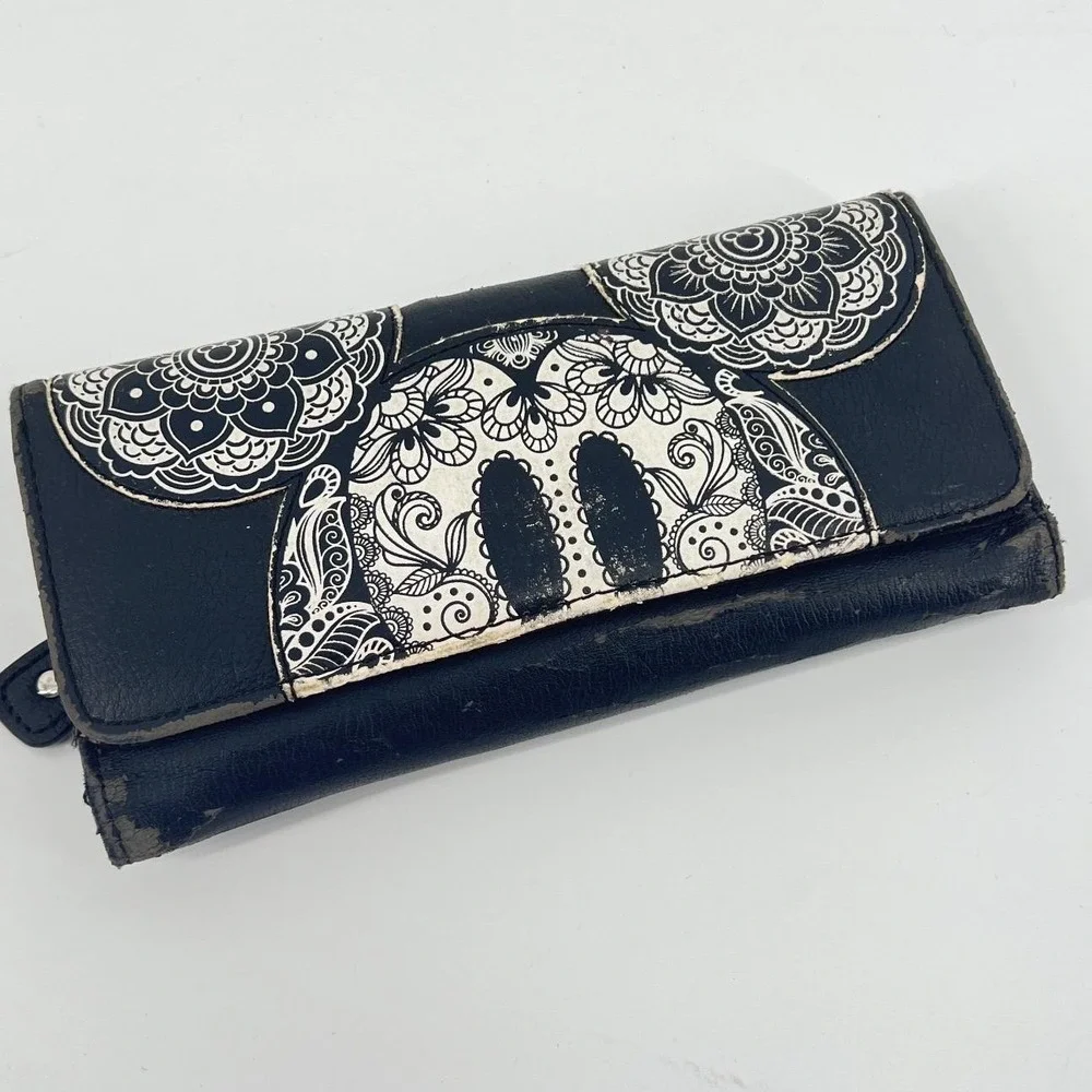 Loungefly‎ Disney Mickey Mouse Sugar Skull Floral Mandala Tri-Fold Wallet Black